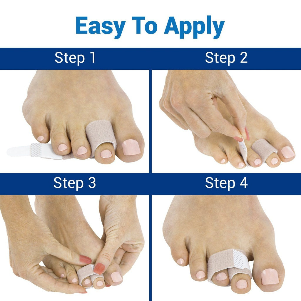Step-by-step guide on applying a toe separator pad with text 'Easy To Apply'.