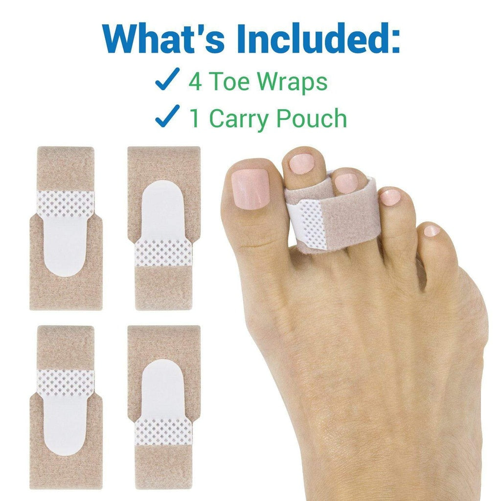 Toe wraps with a foot model and text indicating included items on a white background