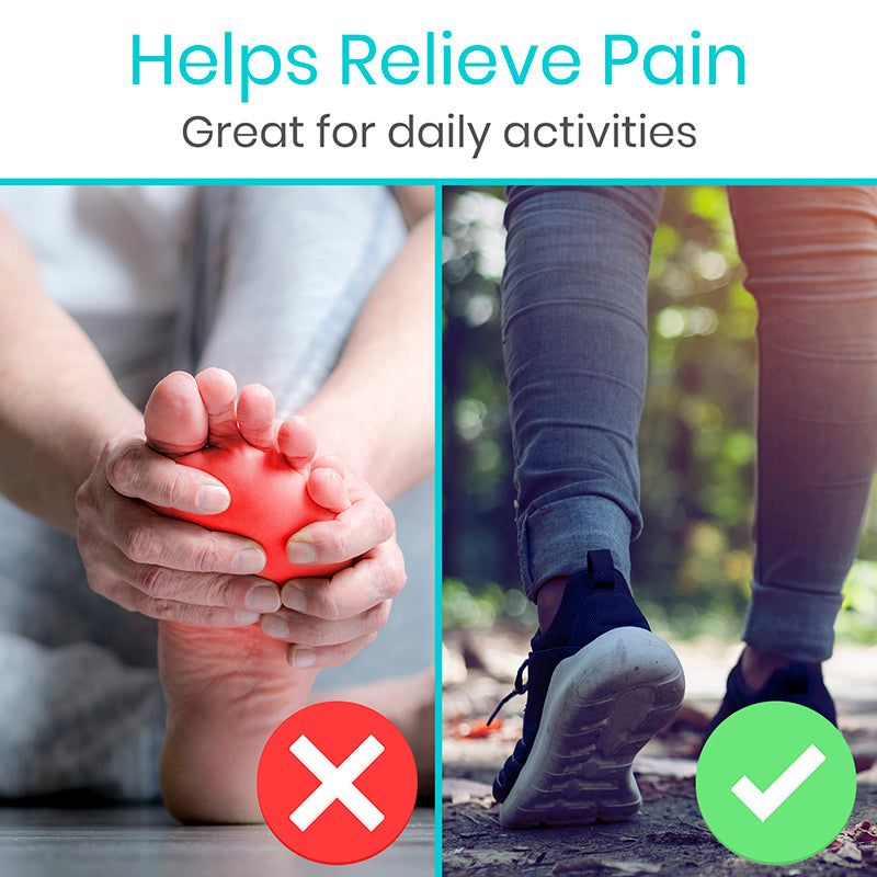 Red foot pain relief ball being used on a foot, with text indicating it helps relieve pain and is great for daily activities.