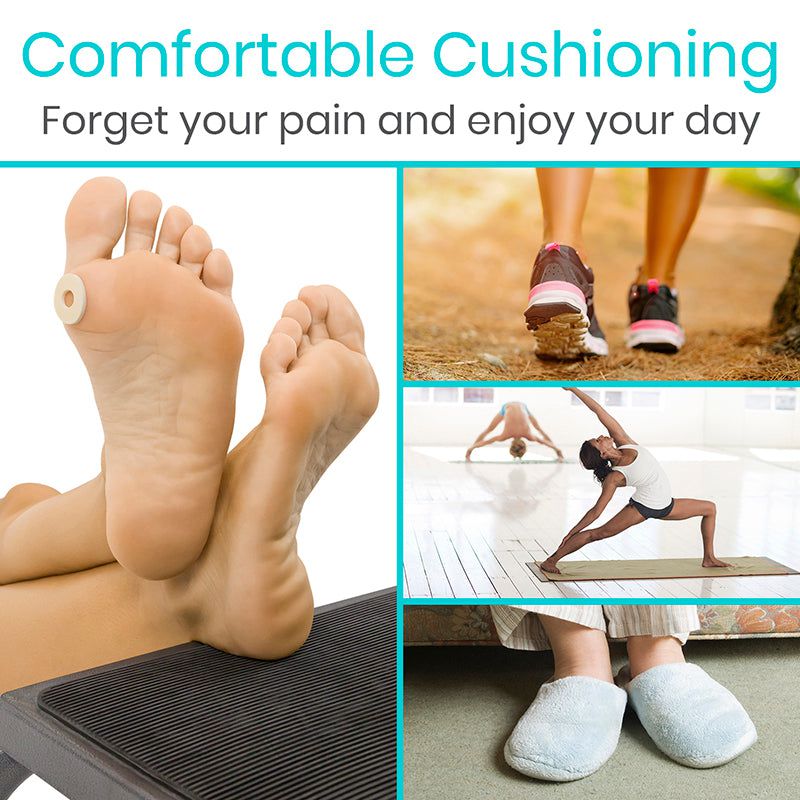 Collage of feet on a mat, people walking, and people exercising with text about comfortable cushioning.