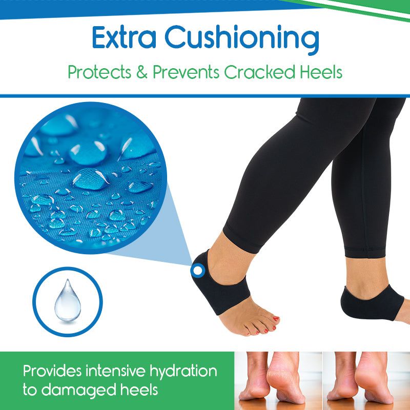 Cushioned foot wrap for cracked heels with water droplet graphic and text on a white background