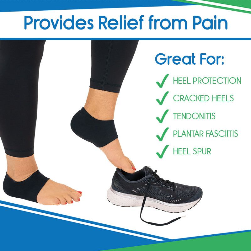 Person wearing black ankle support with text highlighting benefits on a white background