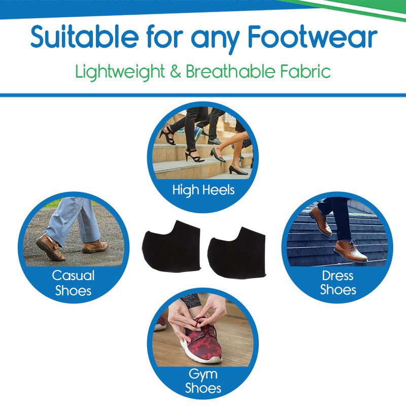 Advertisement for footwear suitable for various types of shoes with text 'Suitable for any Footwear' and 'Lightweight & Breathable Fabric'.