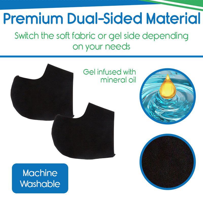 Black dual-sided material with gel infused side and mineral oil droplet illustration on a white background.
