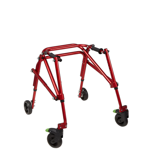 Red walker frame with wheels on a white background