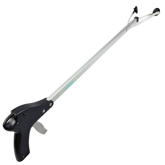 Long-handled tool with a black handle on a white background