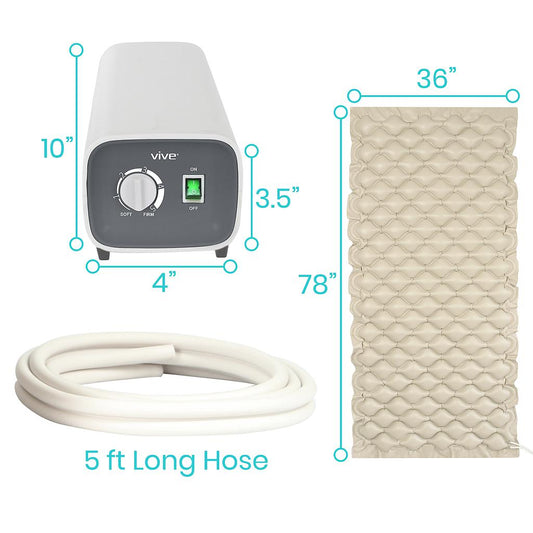 Measurement chart of a device, hose, and mat with dimensions labeled.
