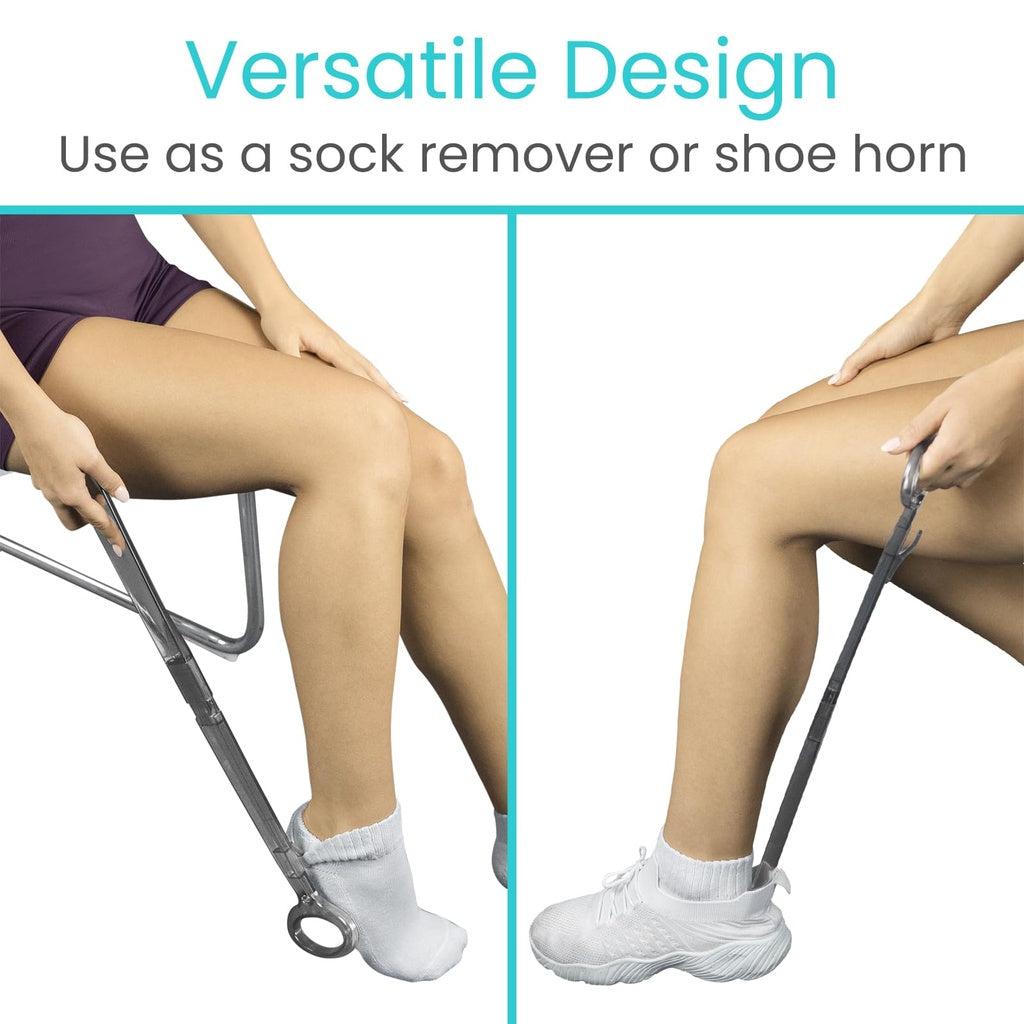 Product used as a sock remover or shoe horn with text 'Versatile Design Use as a sock remover or shoe horn' on a white background.