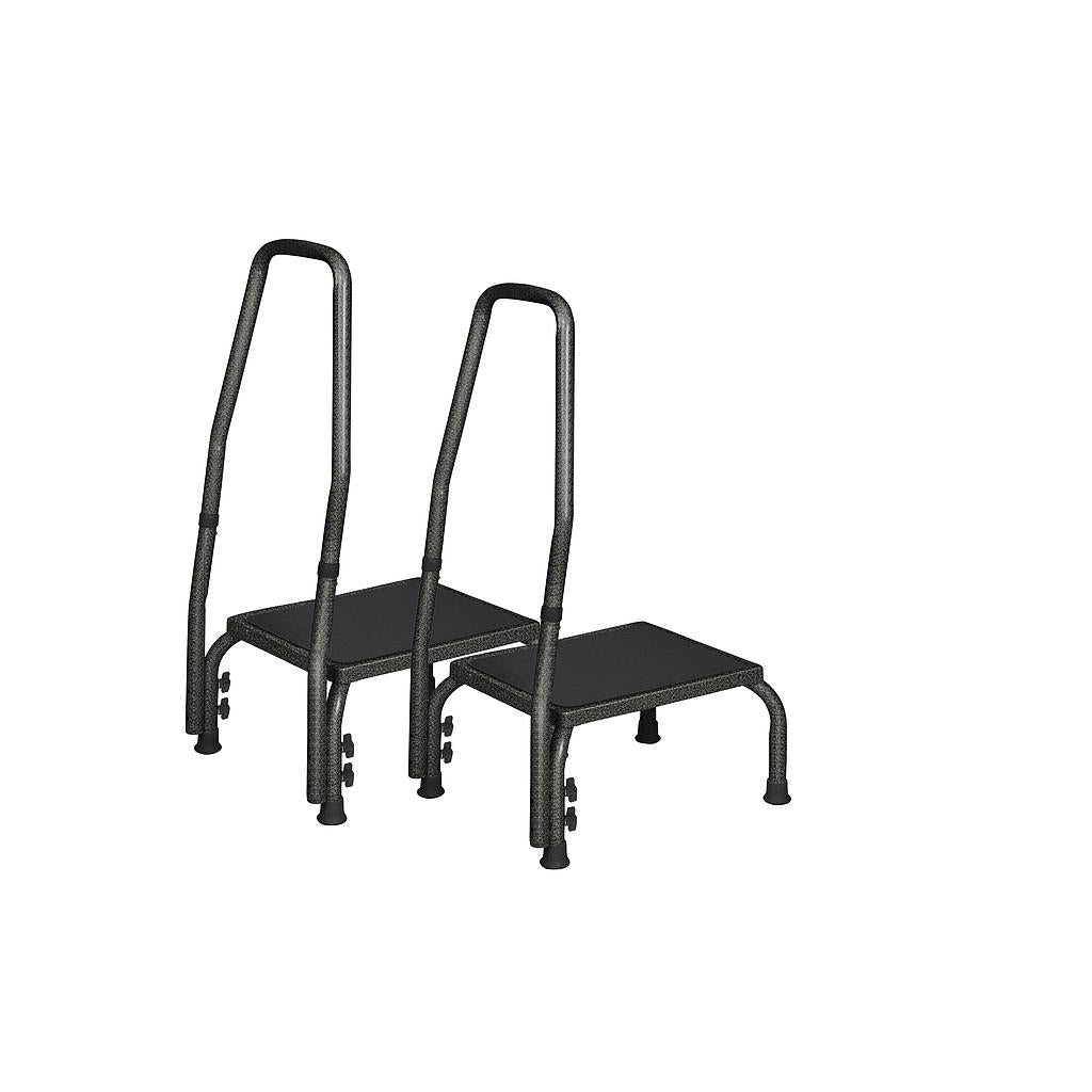 Two black step stools with handles on a white background