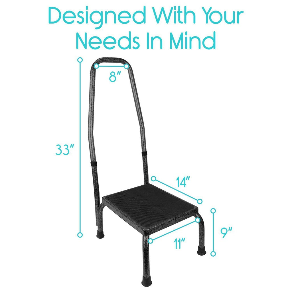 Step stool with dimensions labeled on a white background