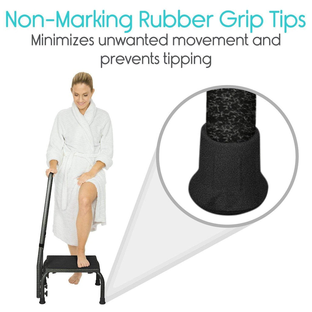 Woman using a step stool with non-marking rubber grip tips, showing close-up of tip.
