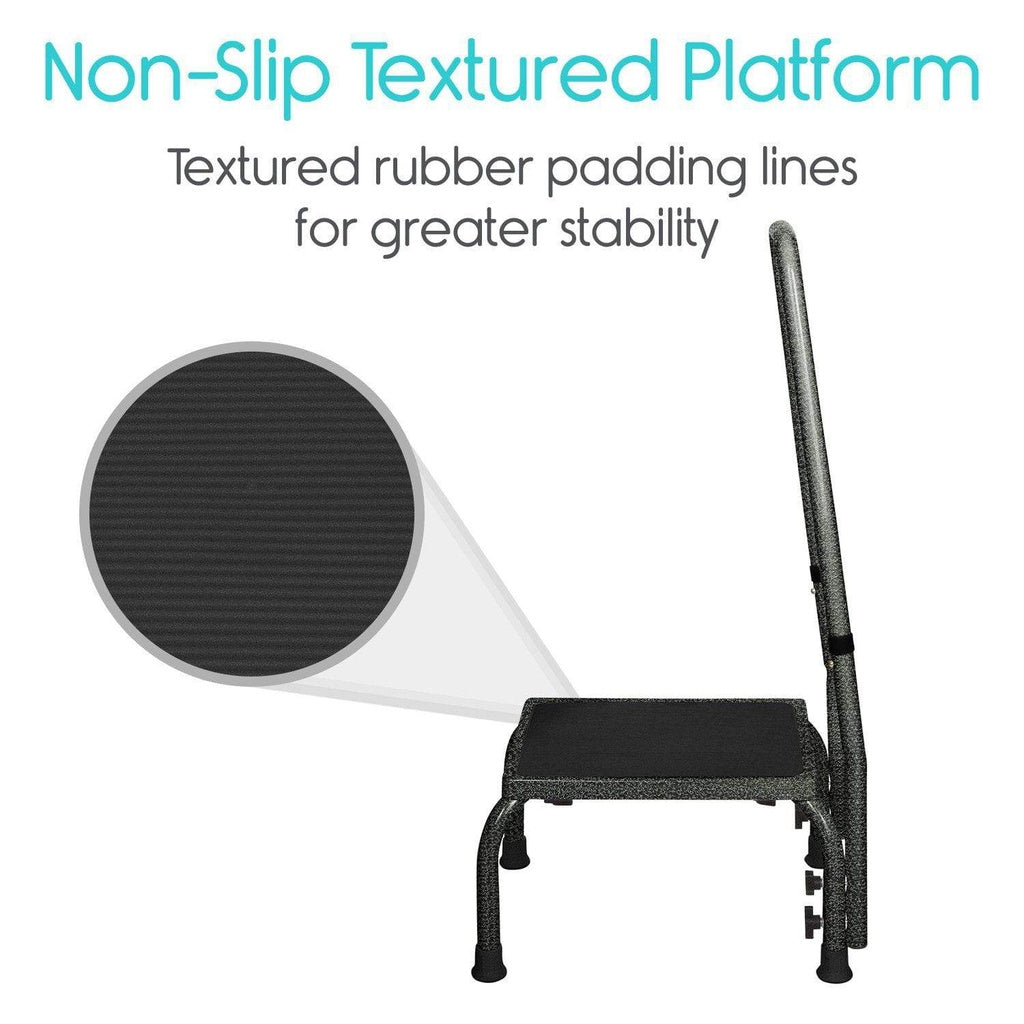 Step platform with non-slip textured platform feature and close-up of rubber padding.