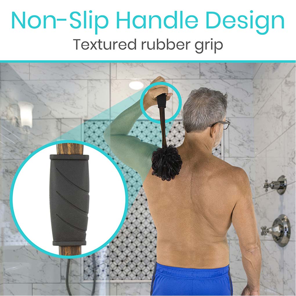Person using a textured rubber grip in a bathroom setting with text 'Non-Slip Handle Design' and 'Textured rubber grip'.