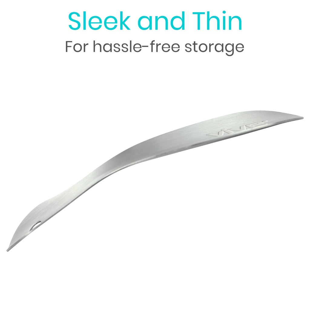 Thin metallic object with text 'Sleek and Thin For hassle-free storage' on a white background