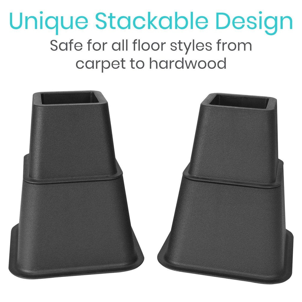 Black stackable bed risers with text on a white background