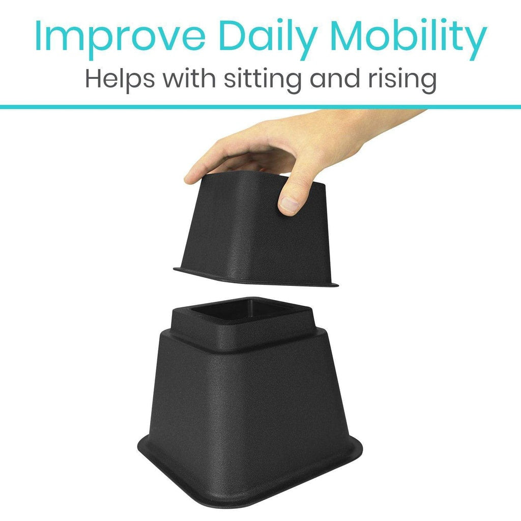 Black cushioned chair riser with text about improving daily mobility on a white background
