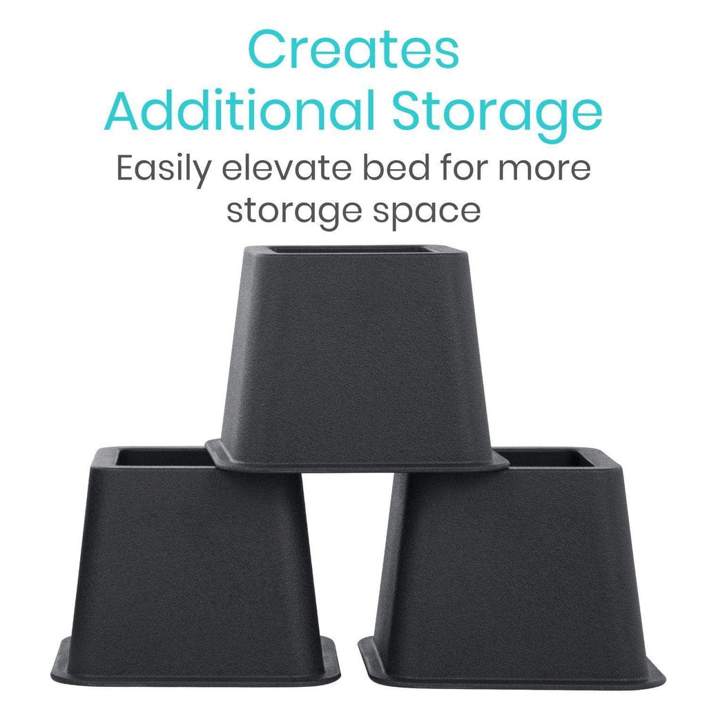 Black bed risers with text indicating they create additional storage by elevating a bed.