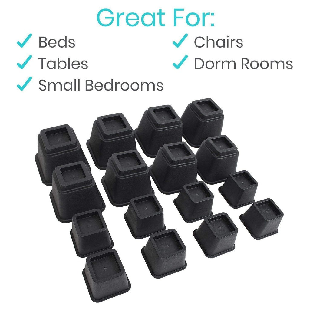 Black furniture glides arranged on a white background with text indicating their uses.