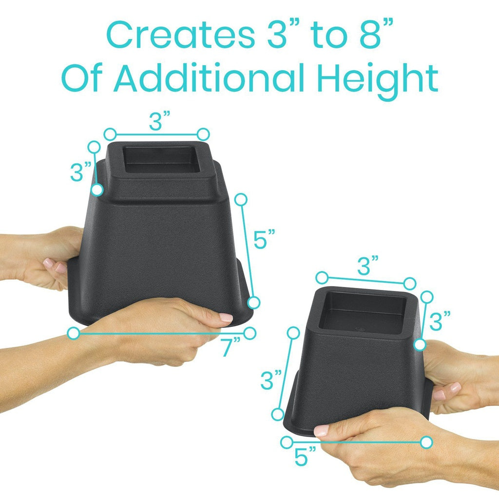 Black step stool with measurements showing additional height creation, held by hands.