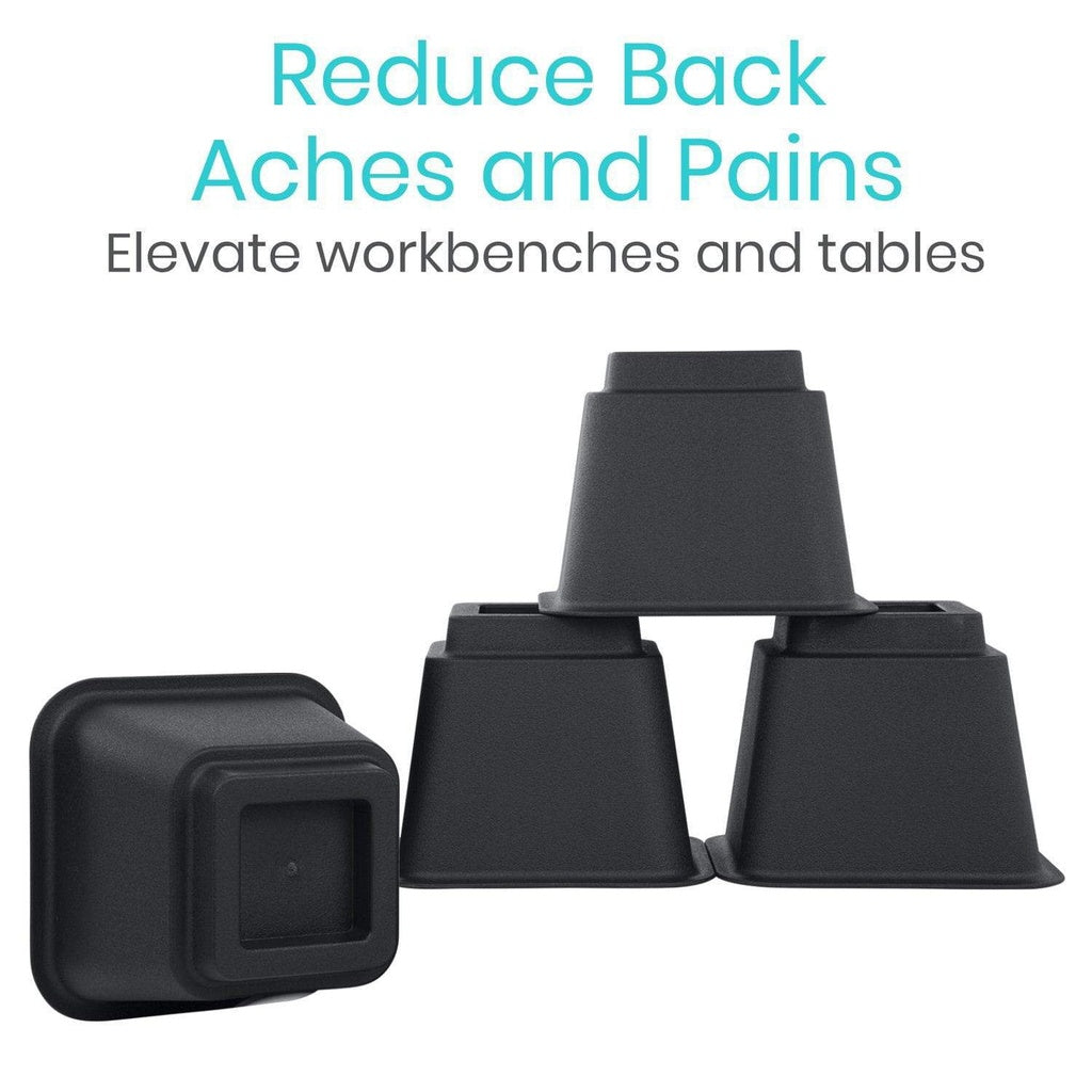 Black cushioned table risers with text on a white background