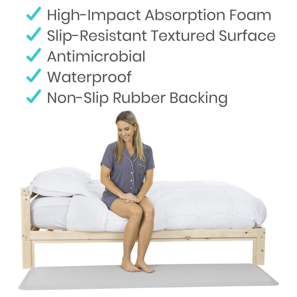 Woman sitting on a mattress with features listed above her.