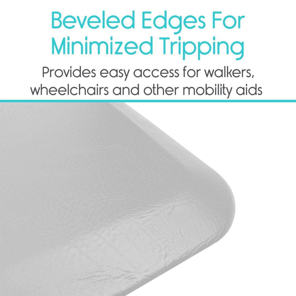 Text on a white background about beveled edges for minimized tripping, with a product corner visible.