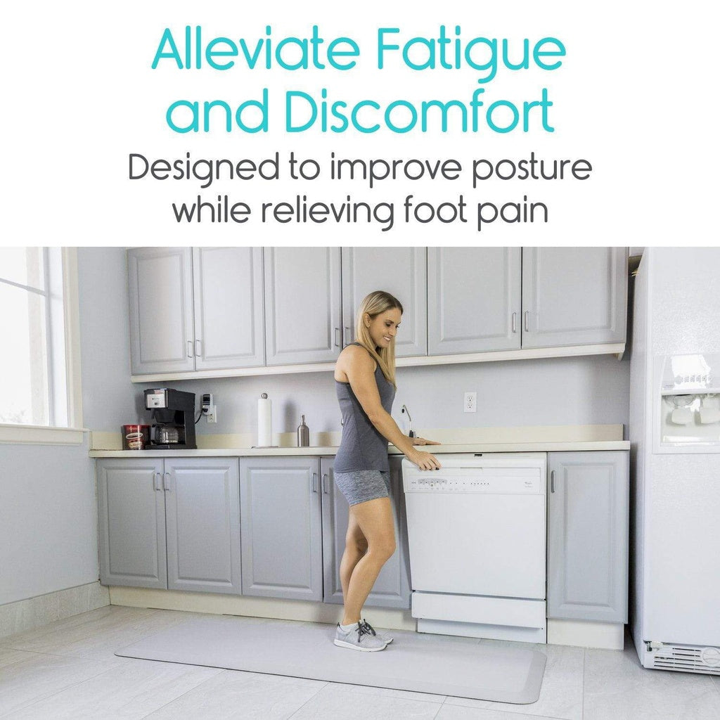 Woman standing on a mat in a kitchen with text about improving posture and relieving foot pain.
