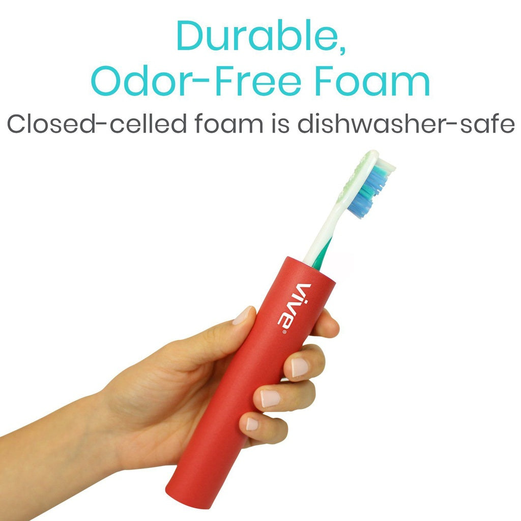 Red toothbrush holder with a toothbrush, labeled 'Vive', on a white background with text about durable, odor-free foam.