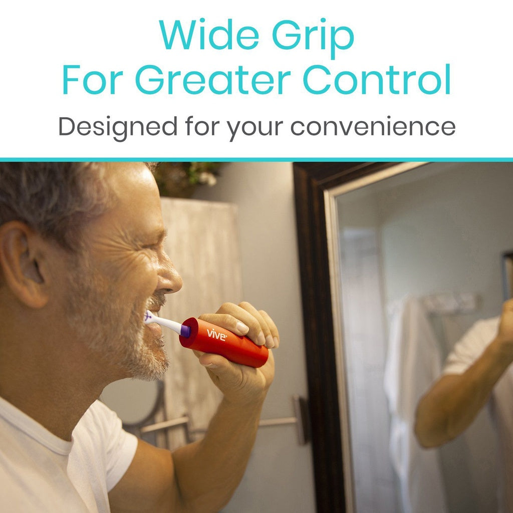 Man using a red and blue electric toothbrush with text 'Wide Grip For Greater Control' and 'Designed for your convenience' on a white background.