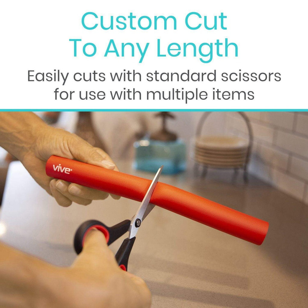 Person using a red tool with 'vive' branding to cut an orange object with scissors, with text indicating customizable length.