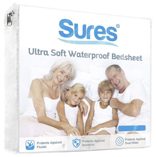 Sures ultra soft waterproof bedsheet packaging with a family on a bed