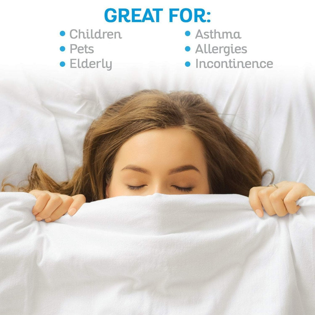 Woman lying under a white blanket with text indicating benefits for children, pets, elderly, asthma, allergies, and incontinence.