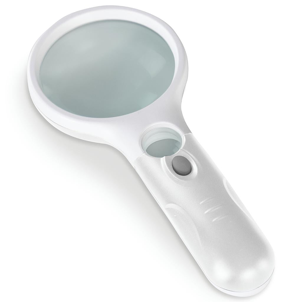 White handheld magnifying glass with a light on a white background