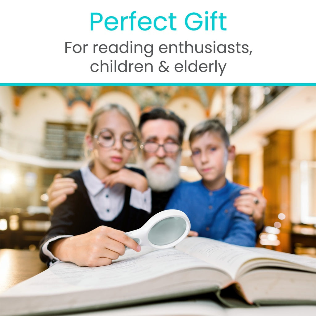 Family reading together with a magnifying glass, text 'Perfect Gift For reading enthusiasts, children & elderly' above.