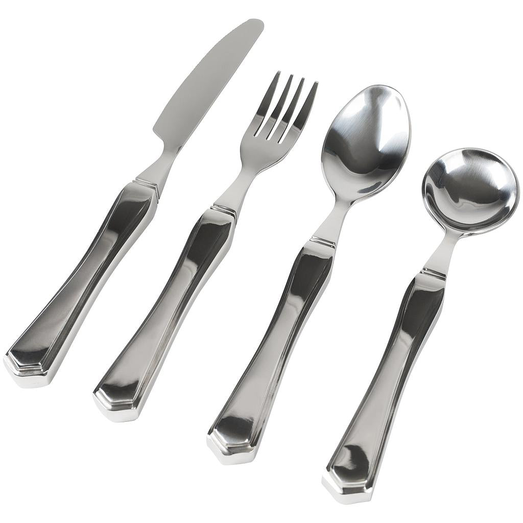 Set of silver cutlery including a knife, two forks, and two spoons on a white background.
