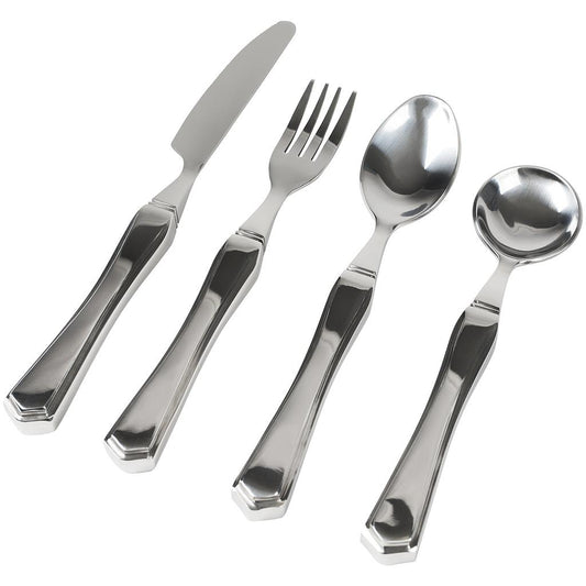 Set of silver cutlery including a knife, two forks, and two spoons on a white background.