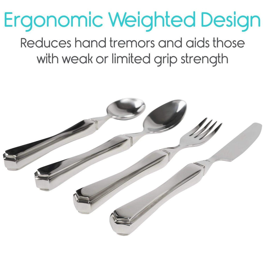 Set of silver cutlery with text about ergonomic design on a white background