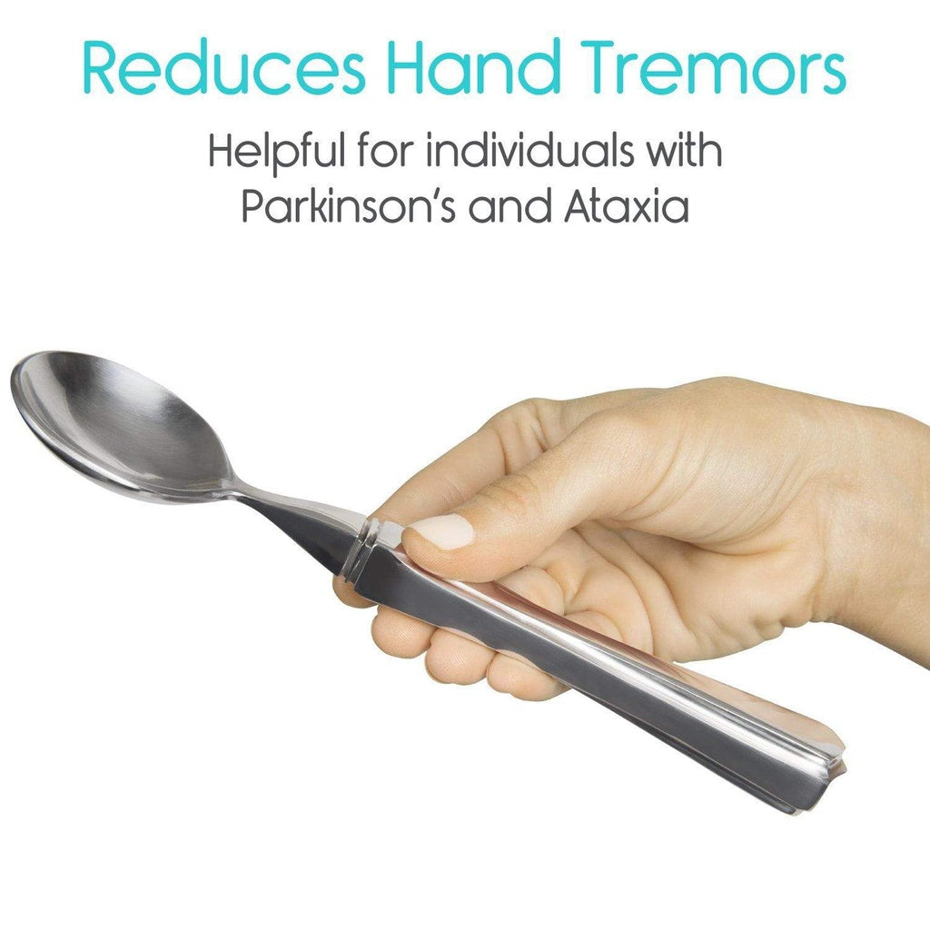 Hand holding a spoon with text about reducing hand tremors for Parkinson's and Ataxia on a white background