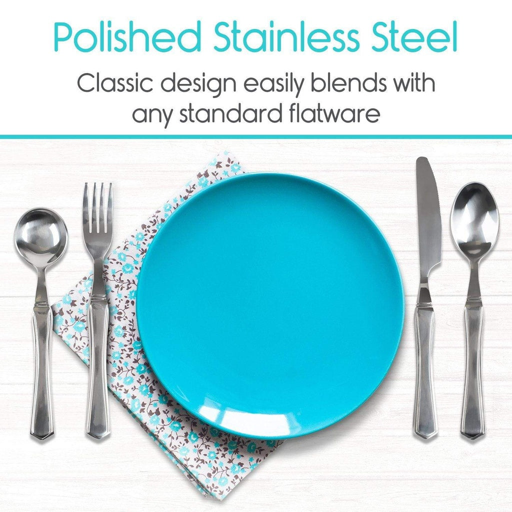Blue plate with silverware on a white background with text about polished stainless steel.