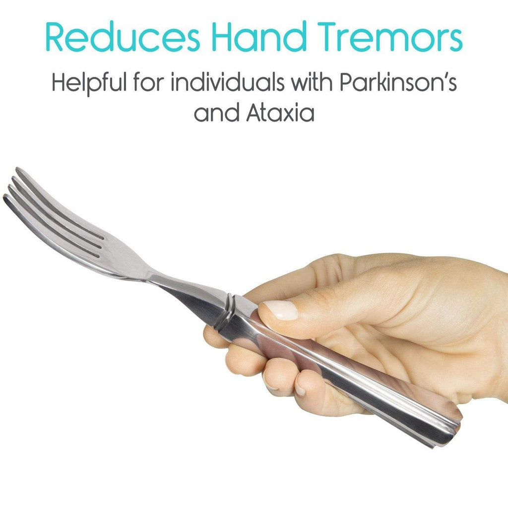 Hand holding a fork with text about reducing hand tremors for Parkinson's and Ataxia on a white background