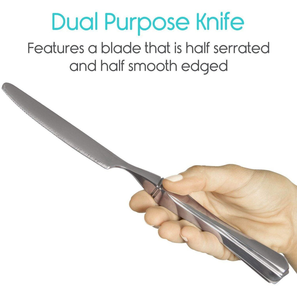 Hand holding a dual-purpose knife with text describing its blade type on a white background