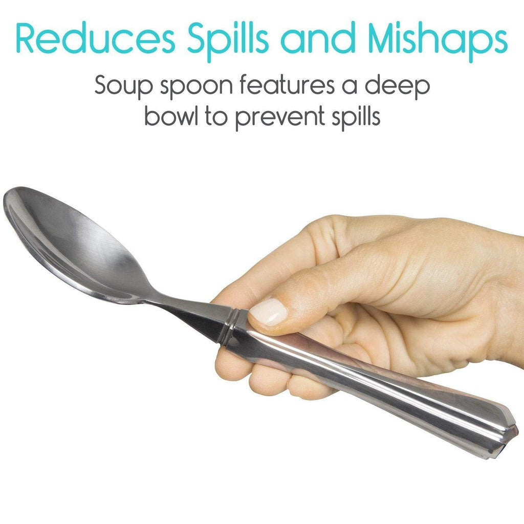 Hand holding a soup spoon with text indicating it reduces spills and mishaps.