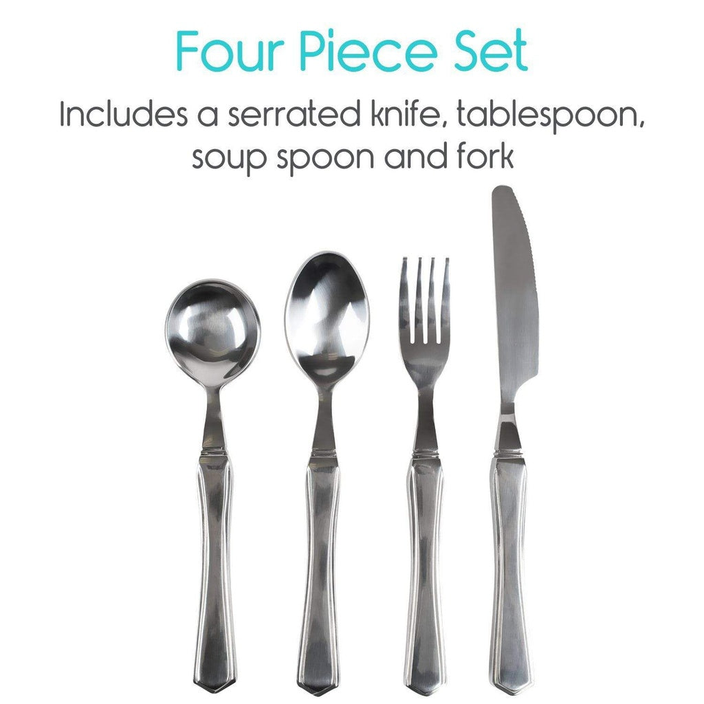 Four piece silverware set with knife, spoon, and fork on a white background