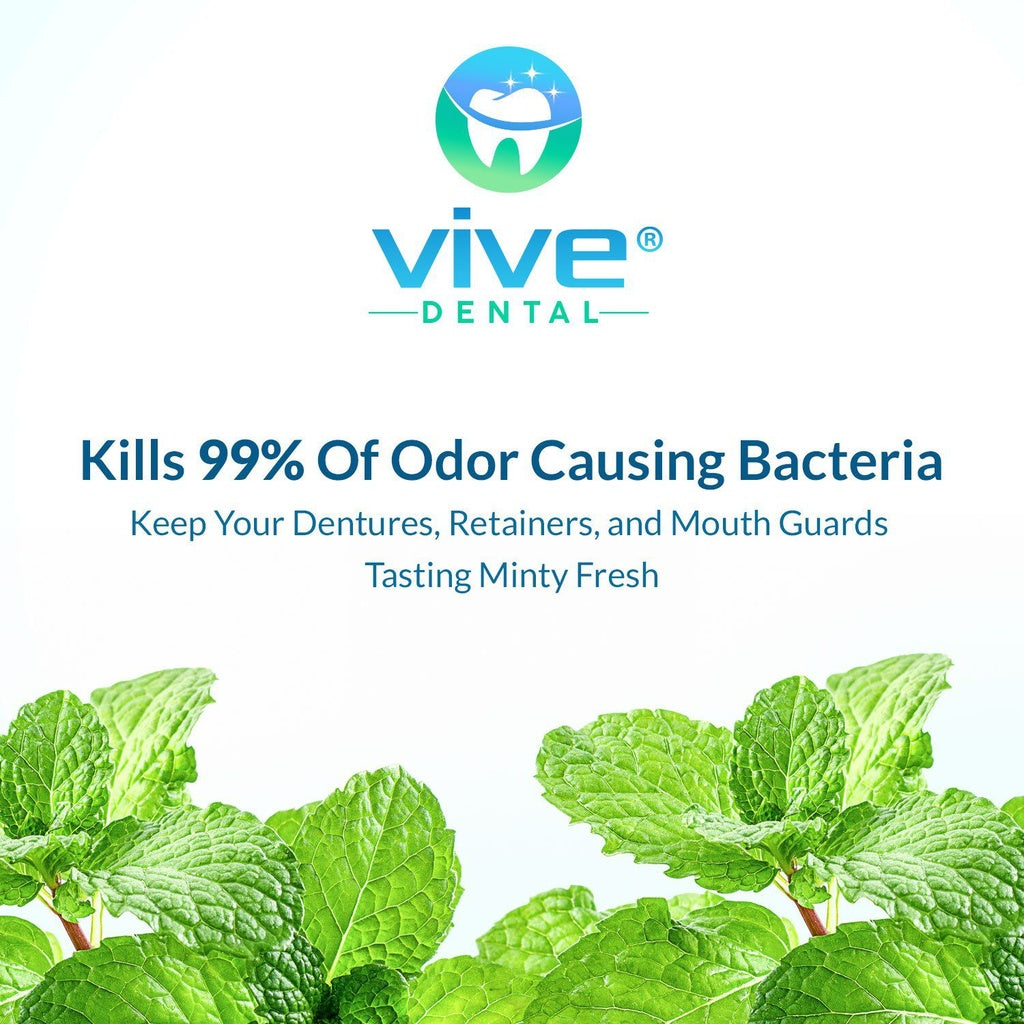 Vive Dental advertisement with mint leaves and product benefits text on a white background