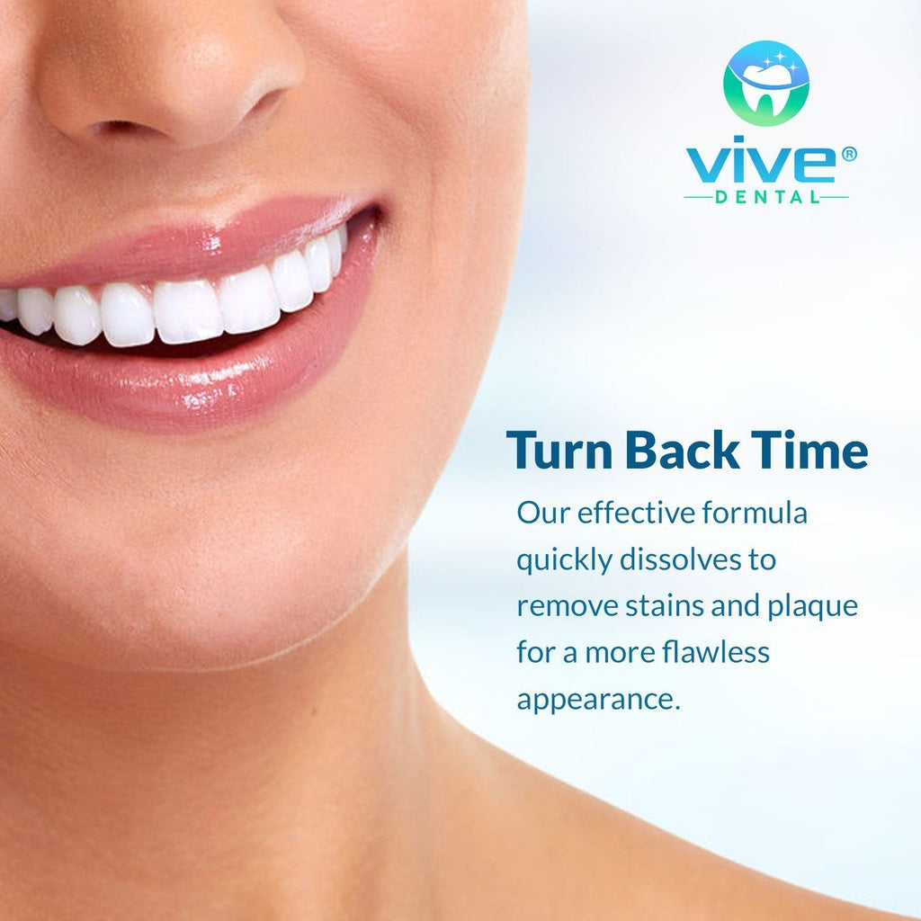 Close-up of a person's face with a bright smile, featuring the Vive Dental logo and text about their teeth whitening product.