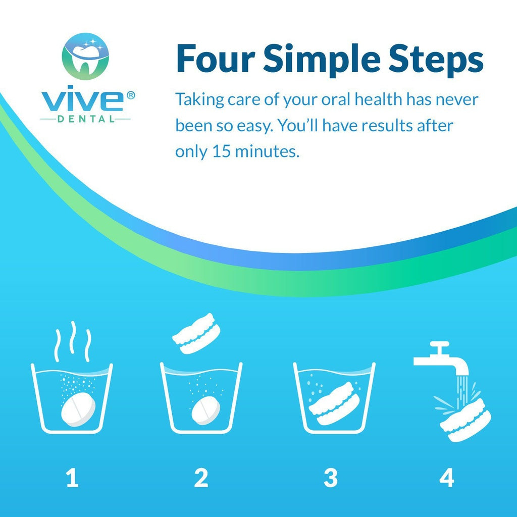 Vive Dental advertisement with four simple steps for oral care on a blue background