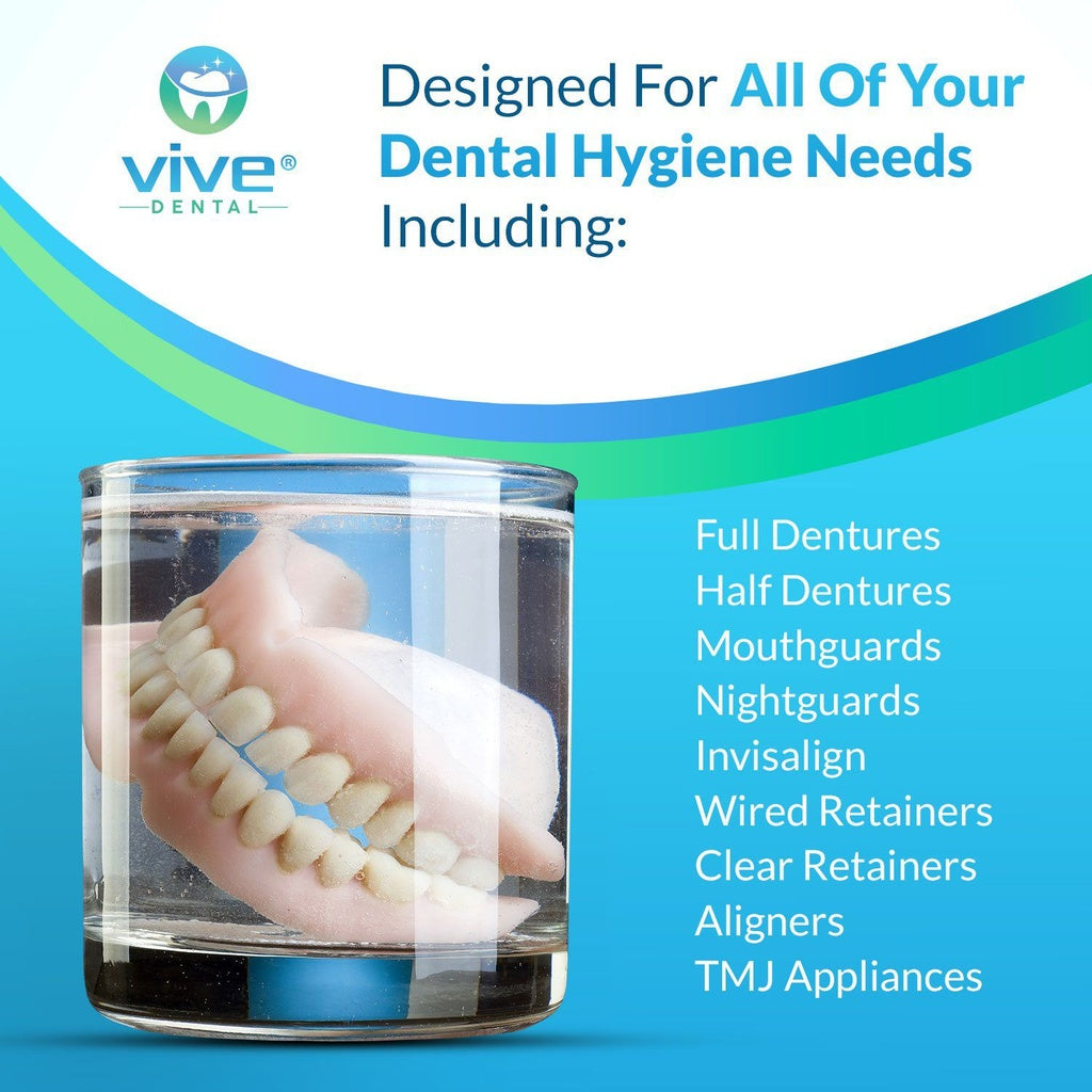 Vive Dental advertisement with dentures in a glass container on a blue background