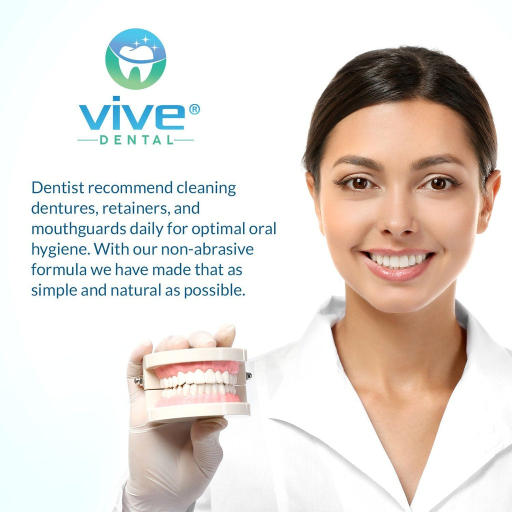 Woman holding dentures with Vive Dental branding and text about dental care.