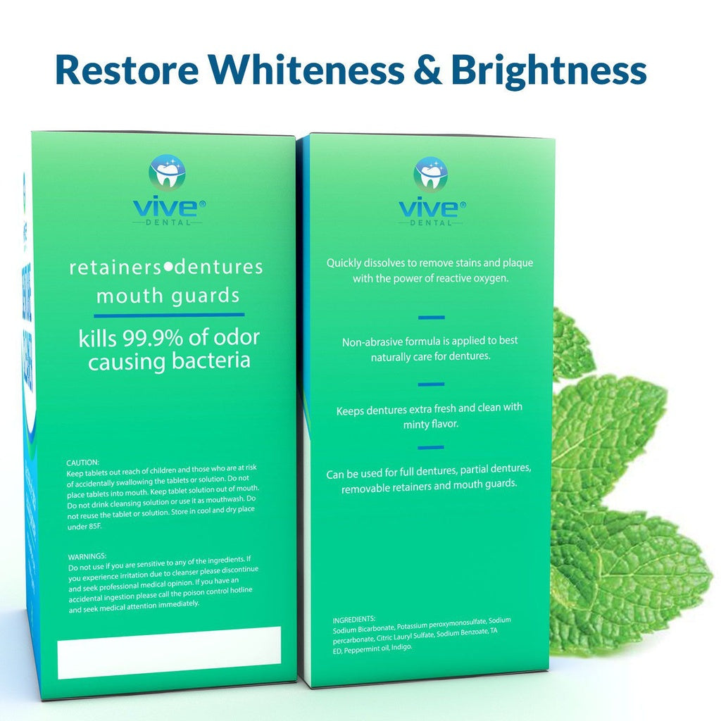Two green boxes of Vive Dental products on a white background with text about dental care.