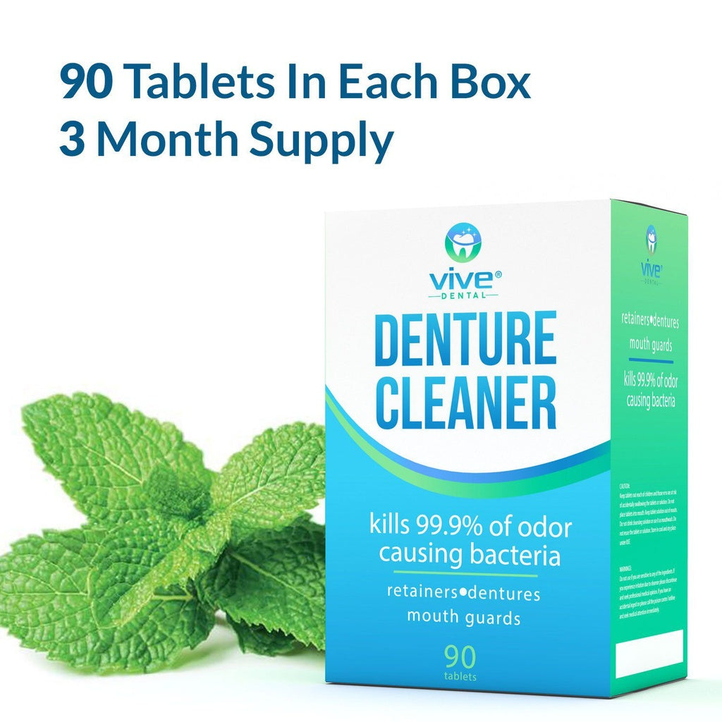 Vive Denture Cleaner box with mint leaves on a white background